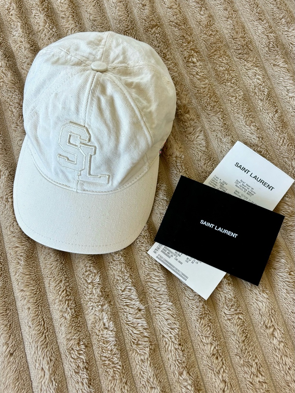 Saint Laurent Cream Cotton Cap with Black Tag